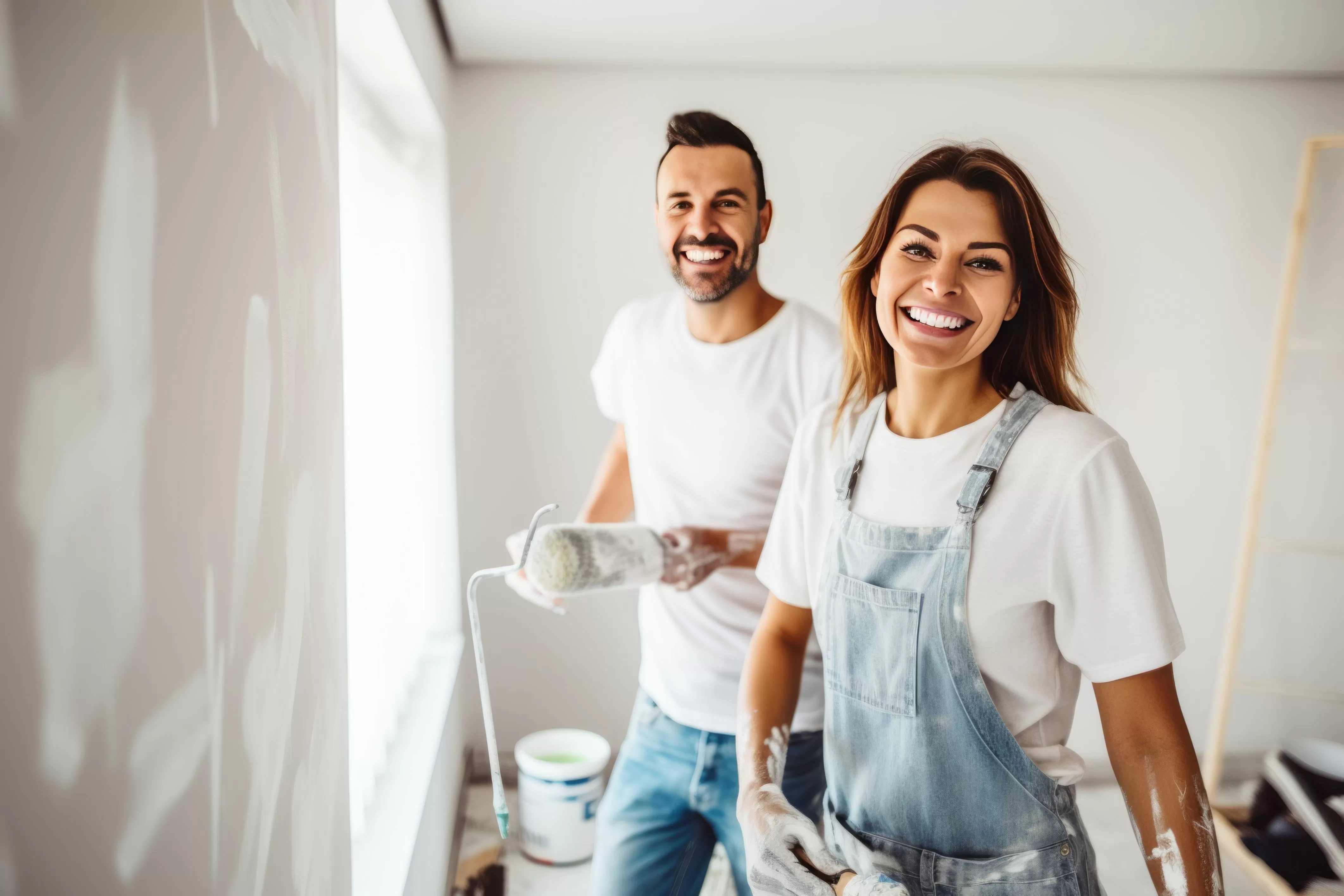 Young happy couple smile as they paint and do house repairs